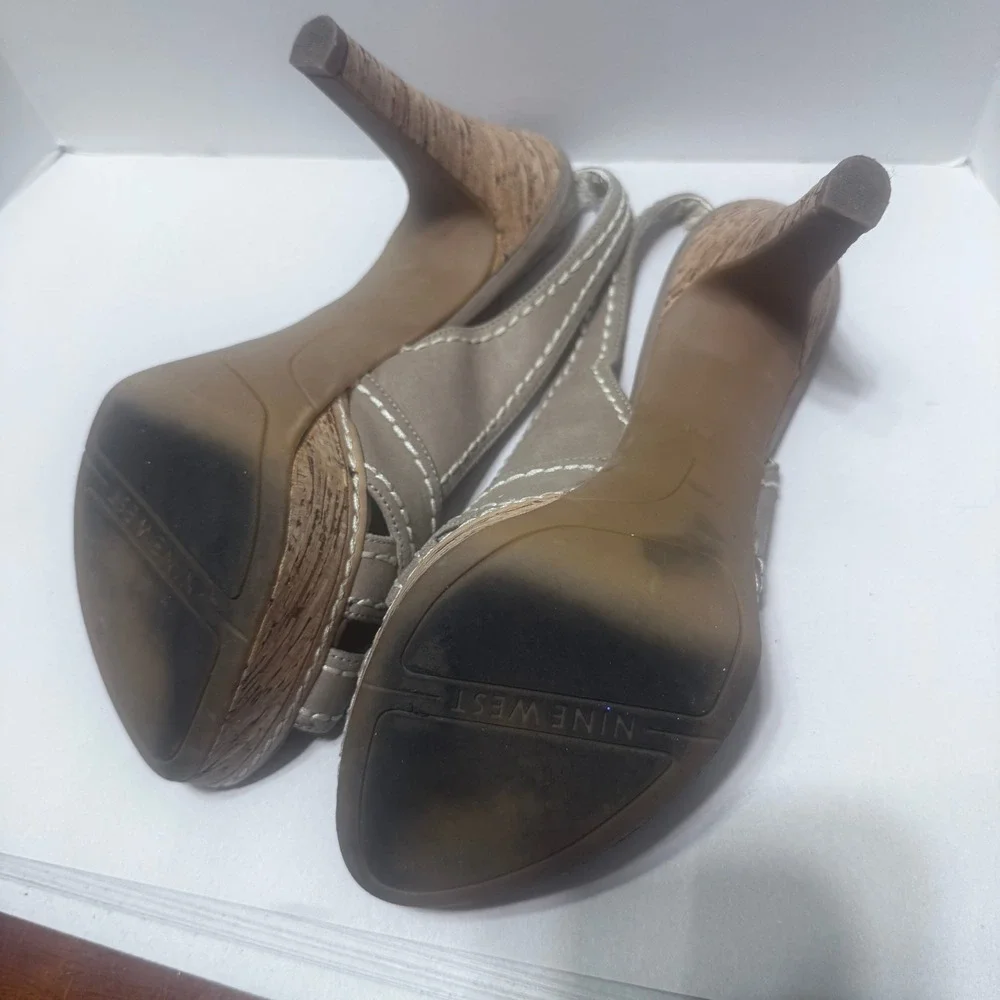 Nine West Pokero Taupe Leather Cork Slingback Heels tan leather 7.5 Boho Y2K